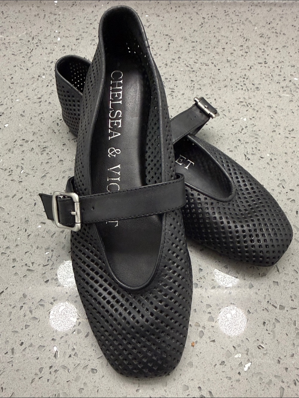 Chelsea & Violet Black Perforated Mary Jane Flats with Buckle